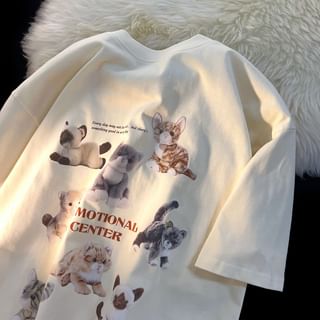 Rosesand Short Sleeve Cat & Lettering Print Loose Fit T Shirt
