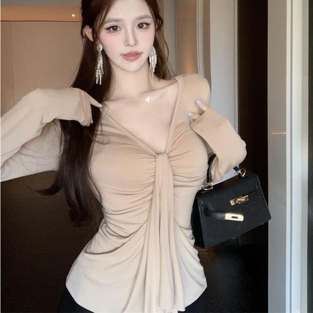 Whoosh-Long-Sleeve V-Neck Plain Ruched Tee