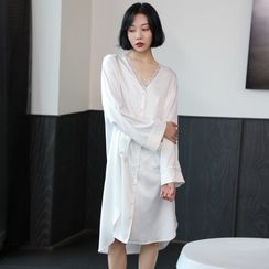 Cinni - Long-Sleeve Lace Trim Pajama Dress Cinni - Long-Sleeve Lace Trim Pajama Dress