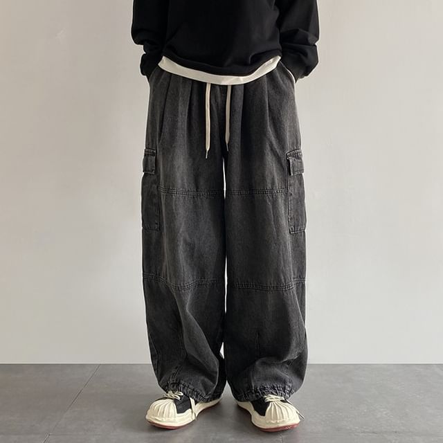 Macho-Drawstring Waist Washed Wide Leg Cargo Jeans