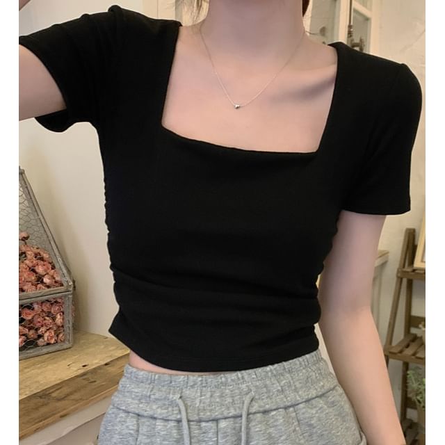 monroll-Short-Sleeve Square Neck Plain Crop T-Shirt