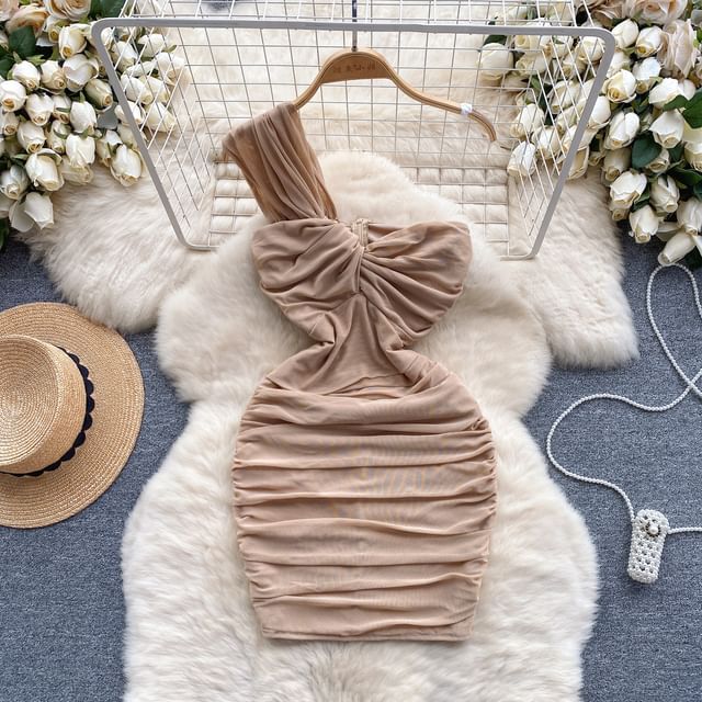 Lucuna - Sleeveless One-Shoulder Plain Knot Ruched Mesh Mini Bodycon Dress  | YesStyle