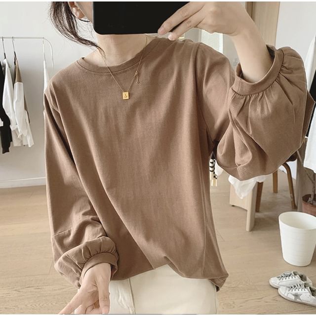 MIKIGA-Puff-Sleeve Plain Blouse
