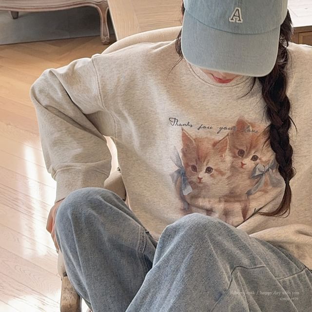 Glotto-Crew Neck Cat Print Oversized Pullover