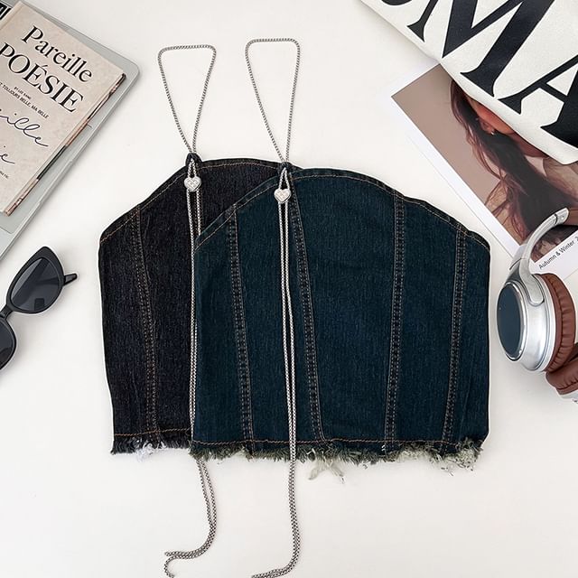 DIYI-Halter Neck Denim Chain Crop Cami Top