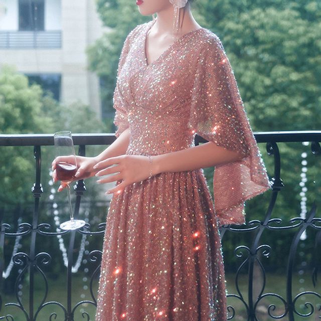Cape Sleeve Sequin V Neck A Line Maxi Party Dress Cape Sleeve Sequin V Neck A Line Maxi Party Dress