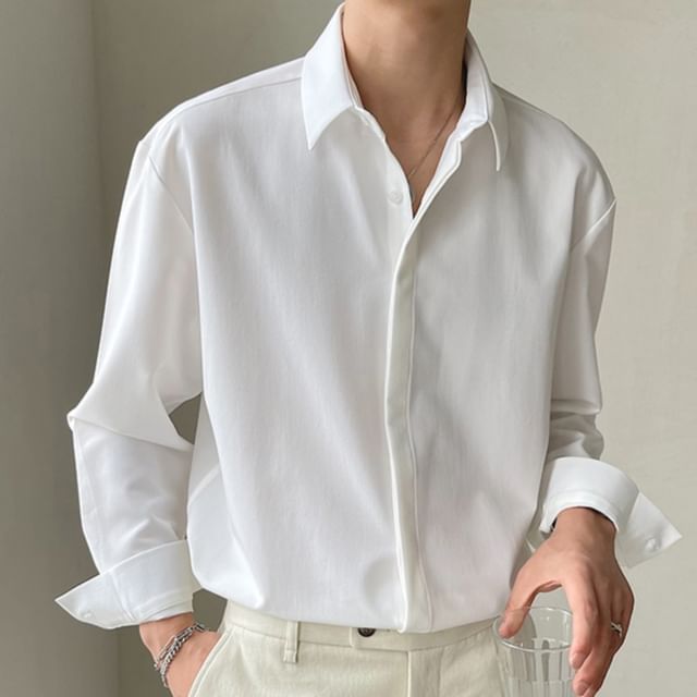 Zentrus-Long-Sleeve Collared Plain Shirt