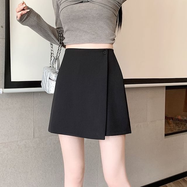 Sienne-High Rise Plain Wrap Mini A-Line Skirt