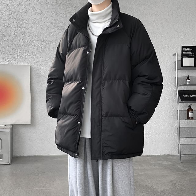 Orungeetun-Stand Collar Plain Zip Puffer Jacket