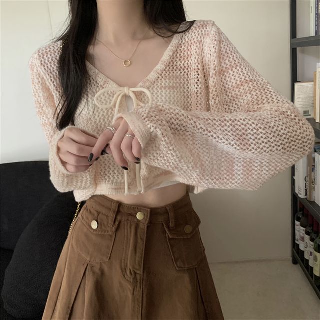 Shinsei-V-Neck Melange Tie Front Cardigan