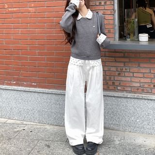 Closette-Round Neck Mock Two Piece Dotted Panel Sweater High Rise Plain Wide Leg Jeans