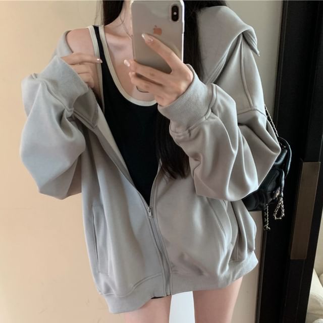 Trendycas-Hooded Plain Zip-Up Jacket Tank Top