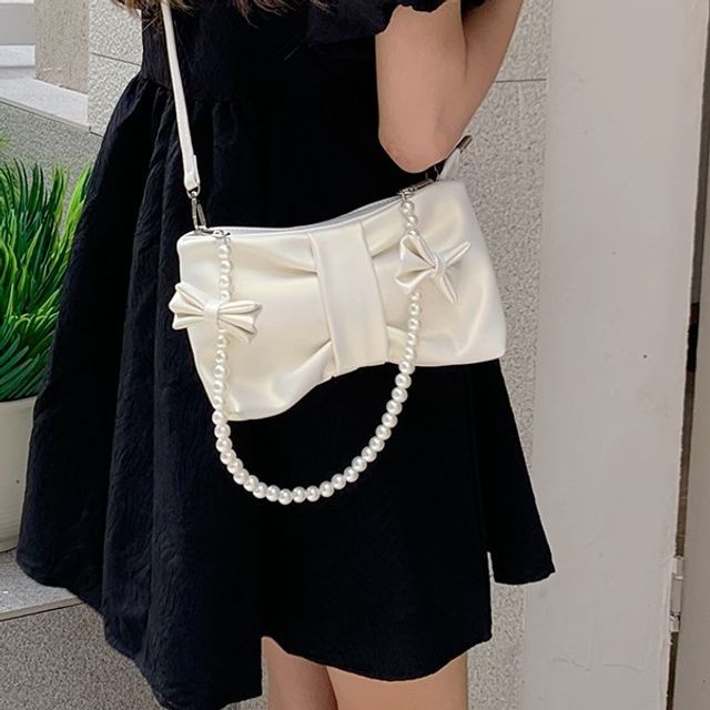Emplidope Plain Bow Faux Pearl Shoulder Bag YesStyle