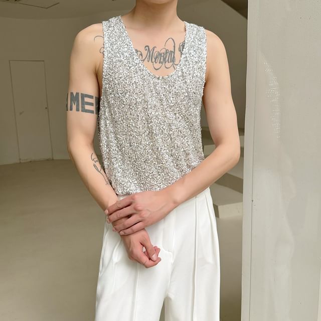 Orungeetun-Scoop Neck Sequin Tank Top