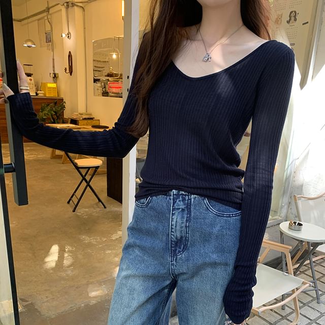 Beem-Long Sleeve V-Neck Plain Ribbed Knit Tee