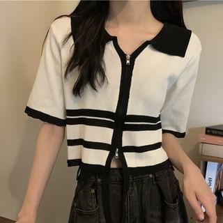 Sisyphi-Short-Sleeve Striped Collared Zip-Up Knit Top