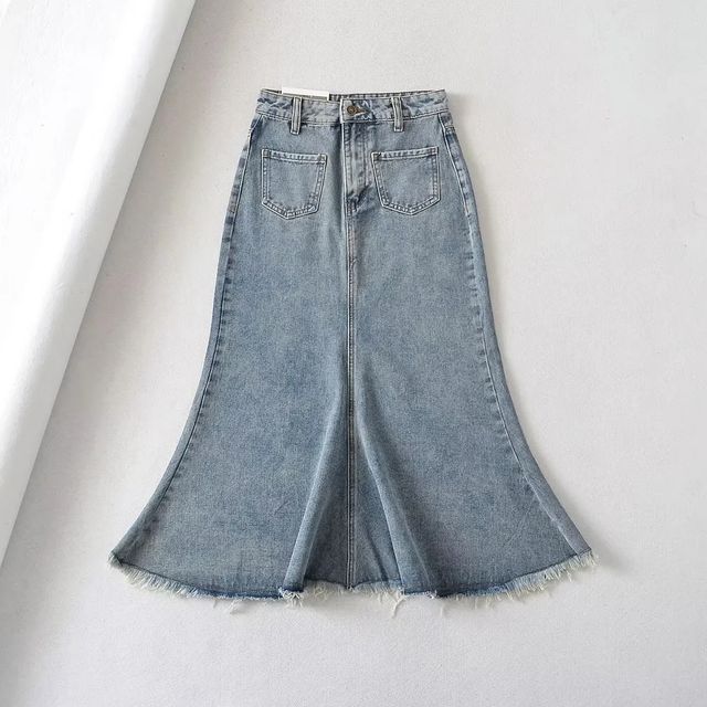 Reknovine Mid Waist Frayed Denim Midi Mermaid Skirt YesStyle