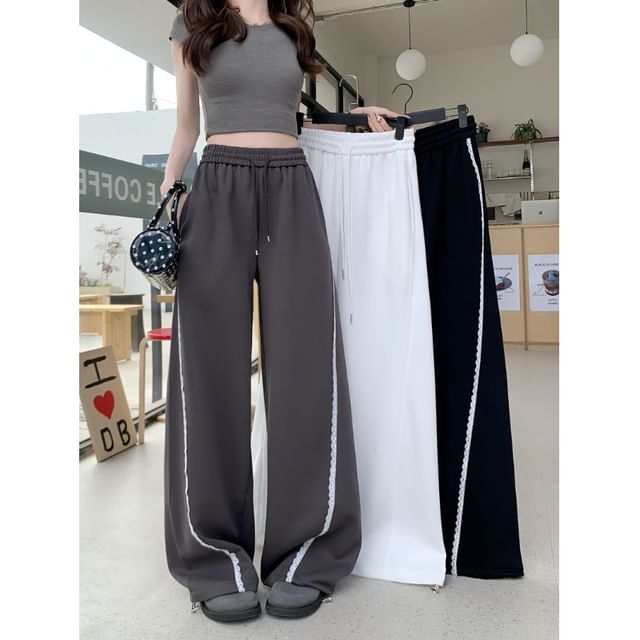KUMI-Drawstring Waist Lace Panel Baggy Sweatpants