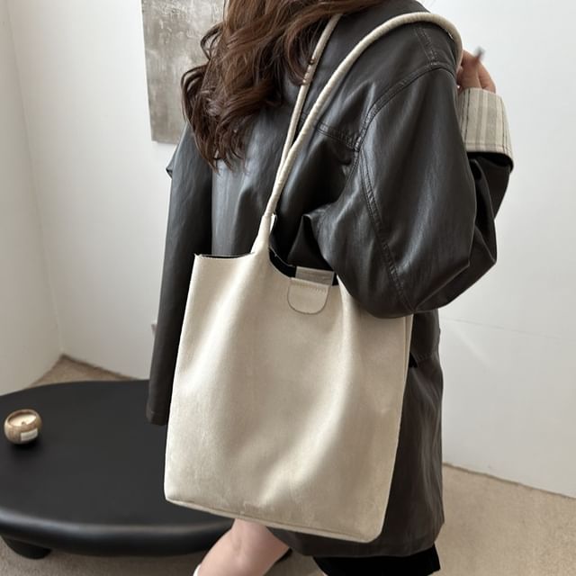 Indenis-Set Plain Faux Suede Tote Bag Pouch