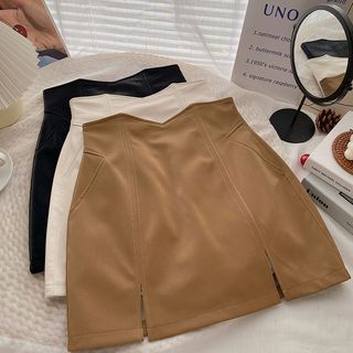 DIYI High Waist Plain Faux Leather A Line Skirt
