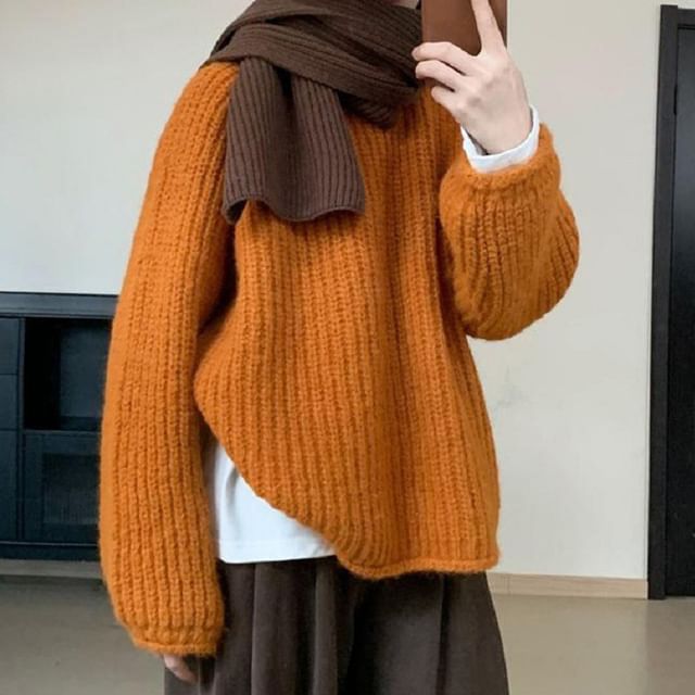 FR-Crew Neck Plain Chunky Knit Sweater
