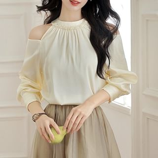 Dragan Pulse-Long-Sleeve Crewneck Cold Shoulder Plain Blouse