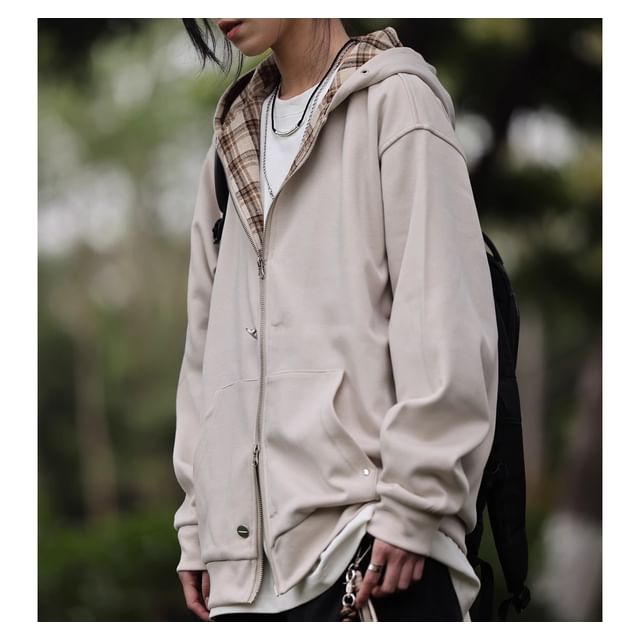 Savenne-Plaid Panel Zip Hoodie
