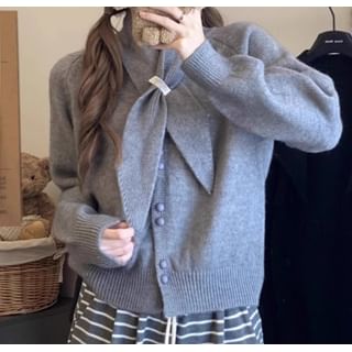 Trendycas-Round Neck Plain Button Up Crop Cardigan with Scarf