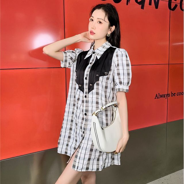 Puff-Sleeve Plaid Mini Shirt Dress 
