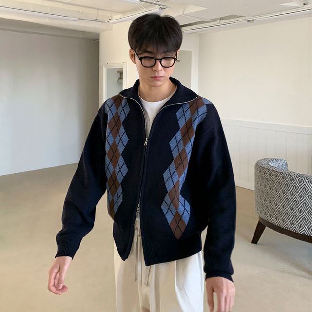 MRCYC-Collared Argyle Knit Zip-Up Jacket