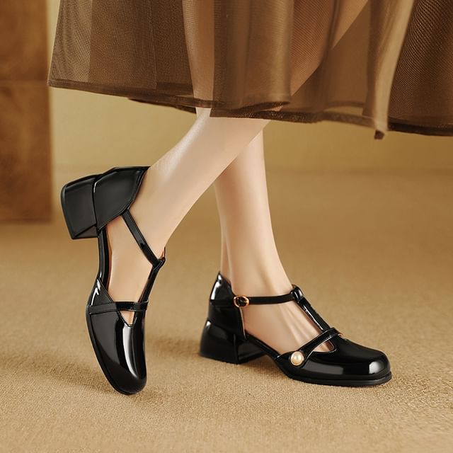 Cinnabelle-T-Strap Patent Leather Pumps
