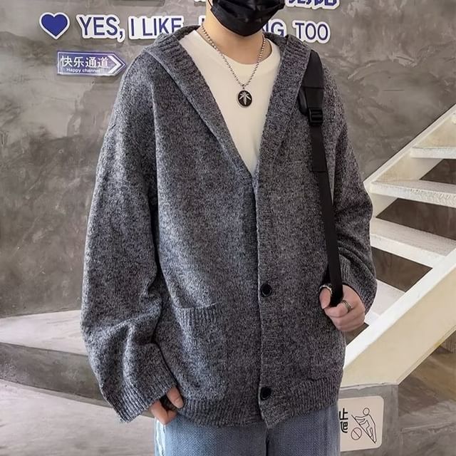 Sinlarity-Hooded Plain Button-Up Cardigan