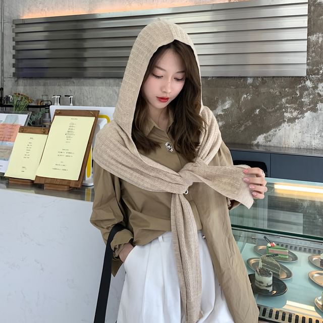 Frior-Plain Hooded Knit Scarf