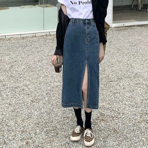 monroll - Slit-Hem Denim Midi Pencil Skirt | YesStyle