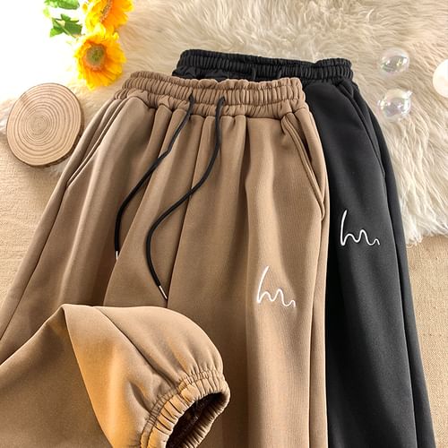 Whyessa - Drawstring Waist Embroidered Fleece Lined Jogger Pants