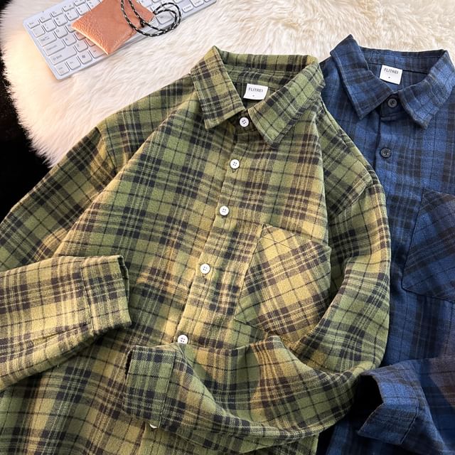 Plummie-Long-Sleeve Plaid Button-Up Shirt