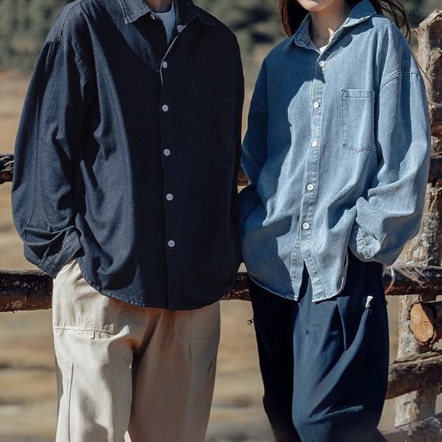 Adothuiastic-Long-Sleeve Plain Pocket Detail Denim Shirt