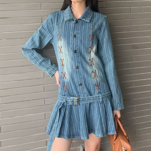 Long-Sleeve Collared Washed Pleated Lace Up Belted Mini A-Line Denim Dress