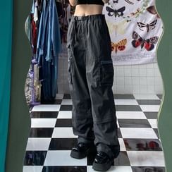 Plain Contrast Trim Cropped Zip Jacket / Lettering Bodysuit Top / Mid Waist Plain Wide Leg Cargo Pants