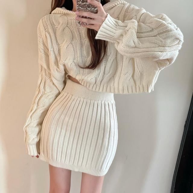 INEN-Set Cable Knit Hoodie Mini Skirt
