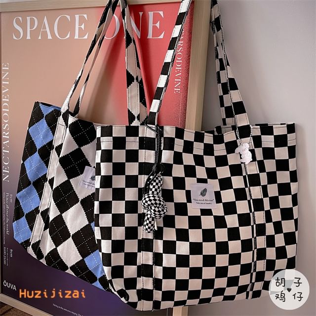 Anchara - Checkerboard / Argyle Canvas Tote Bag | YesStyle