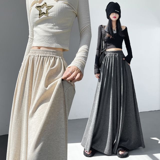 Magimomo-High Waist Plain Wide Leg Pants