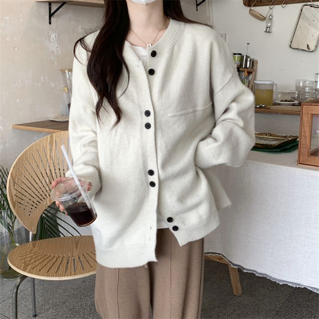 Sienne-Crew Neck Plain Oversized Button Cardigan