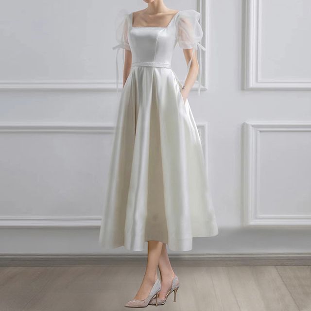 Wospe - Short-Sleeve Square-Neck A-Line Mesh Wedding Dress