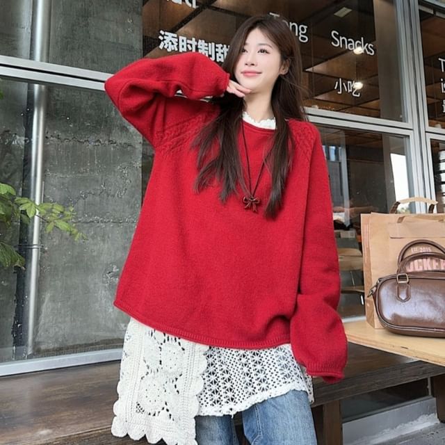 Beem - Crew Neck Plain Sweater / Eyelet Lace Jumper Dress / Long-Sleeve Slim  Fit Top / High Waist Washed Flared Jeans / Crochet Bonnet | YesStyle