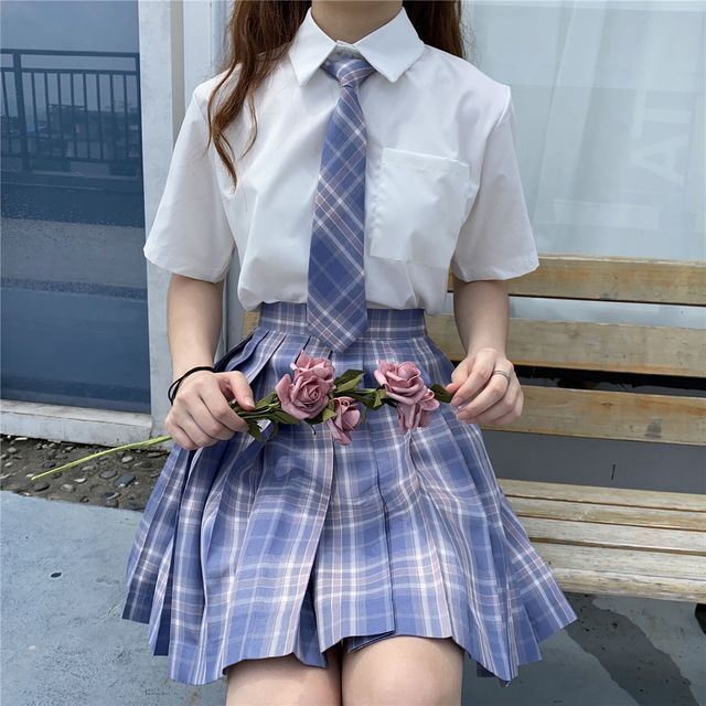 Kollokial-Short-Sleeve Shirt Necktie Bowtie Plaid Mini A-Line Skirt Set