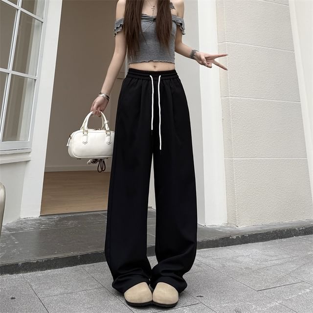 Sienne-Drawstring Waist Plain Baggy Pants