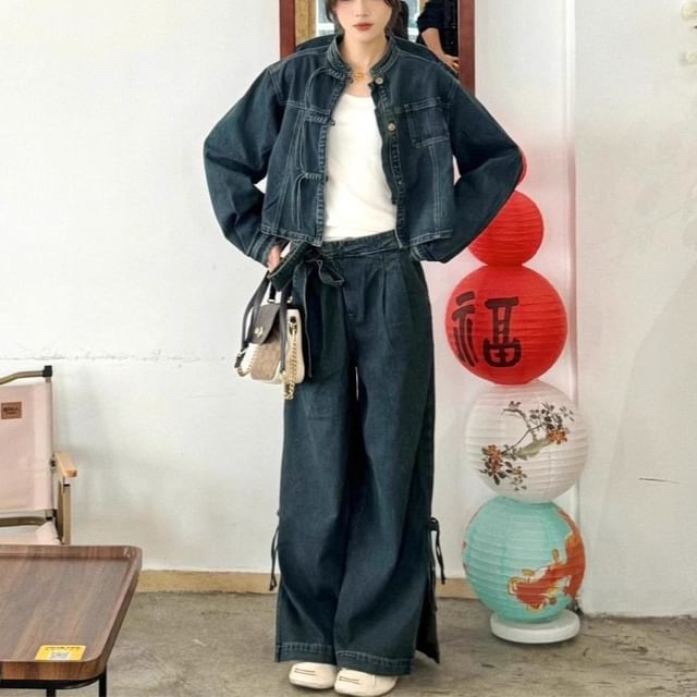 Moon City-Set Washed Frog Buttoned Denim Jacket High Rise Wide Leg Jeans