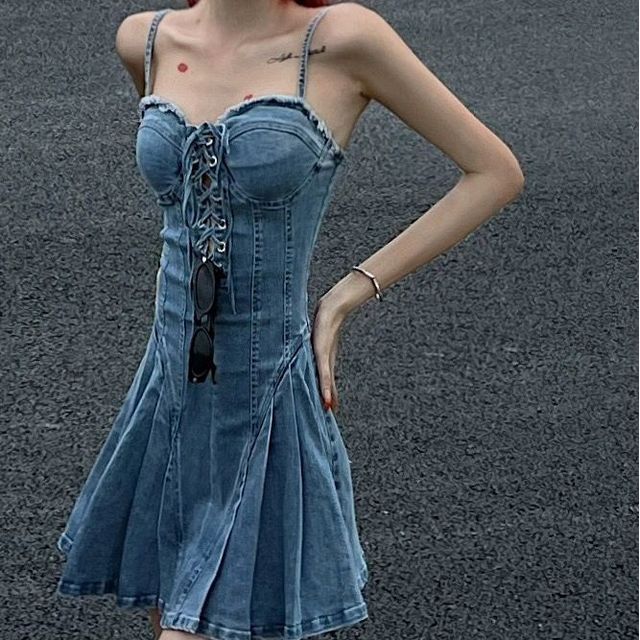 CosmoCorner - Spaghetti Strap Washed Lace Up Pleated Mini A-Line Denim Dress  | YesStyle