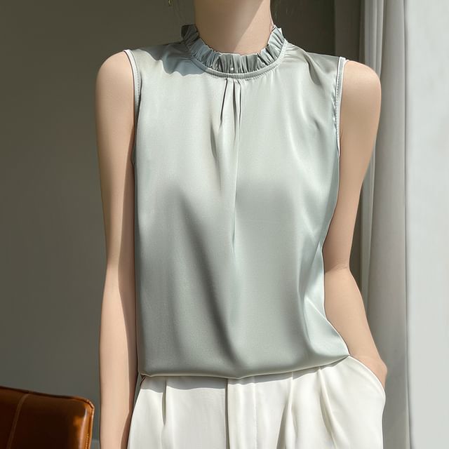 Weelop-Sleeveless Frill Trim Plain Top